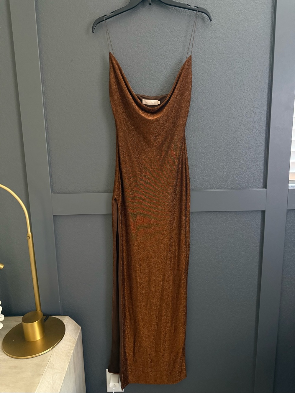 MESHKI • Maxi Cowl Neck Dress in bronze sparkle Brown Size Small Like New slip